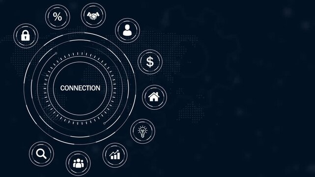 Futuristic digital interface centered on the word CONECTION, surrounded by white for business, finance, and social links, on a dark blue background