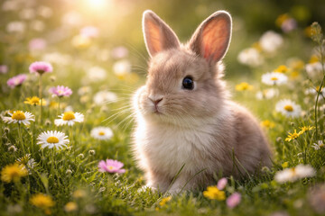 Fototapeta premium Adorable fluffy bunny rabbit sitting in a field of wildflowers during golden hour