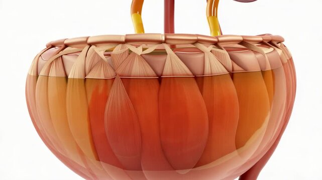Human bladder anatomy visualization with smooth muscular layer and ureters for education or medical presentations demonstrating organ function