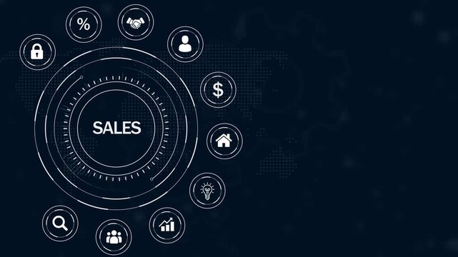 Sales process optimization concept with interconnected representing customer interaction financial transactions and business development on a dark blue