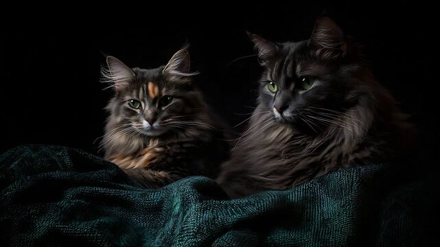 Two Majestic Long Haired Cats with Captivating Green Eyes Resting Serene on a Cozy Blanket.