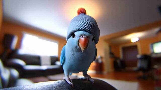 Funny blue parrot in a cozy beanie hat with a pom-pom looking directly at the camera.