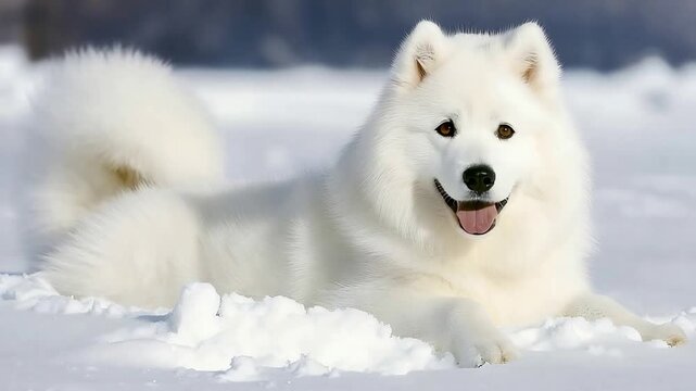 Fluffy White Samoyed Dog with Happy Smile Posing in Pristine Winter Snow.