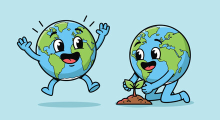 Obraz premium Cartoon Earth Characters Planting Tree.