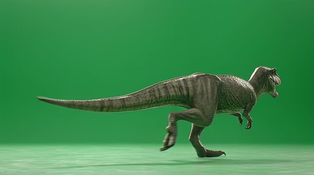 A dinosaur model running on a flat surface viewed from the side against a green background
