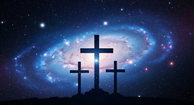 Three Crosses Silhouette Against a Cosmic Galaxy Nebula.