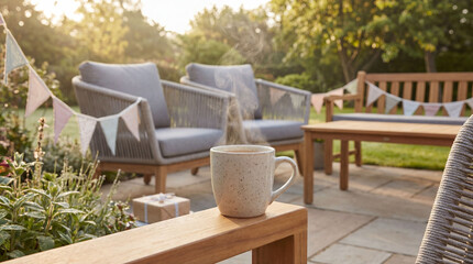 Morning coffee and birthday celebration setup in backyard with modern patio furniture