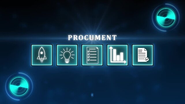 Innovative B2B purchasing and supplier management concept. Businessman using digital procurement system with icons representing approval, documents, and agreements.4k