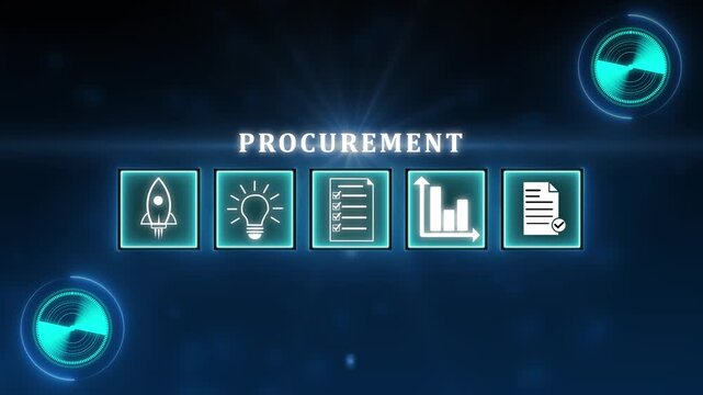 Innovative B2B purchasing and supplier management concept. Businessman using digital procurement system with icons representing approval, documents, and agreements.4k
