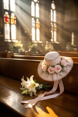 Obraz premium Floral decorated white hat with pink roses and a bouquet of lilies on wooden pews inside a church with stained glass windows