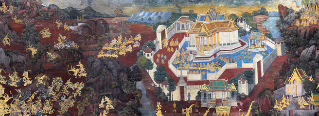 Wide angle closeup features a detailed traditional Thai mural painting.