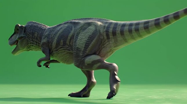 A detailed digital illustration of a carnivorous theropod dinosaur walking on a green plain seen from the side.