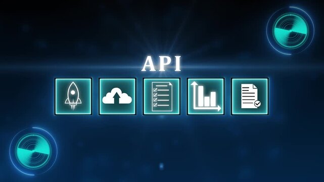Glowing neon API, application programming interface concept. Software development tool, cloud computing technology. Businessman touch API icon on virtual screen.4k video