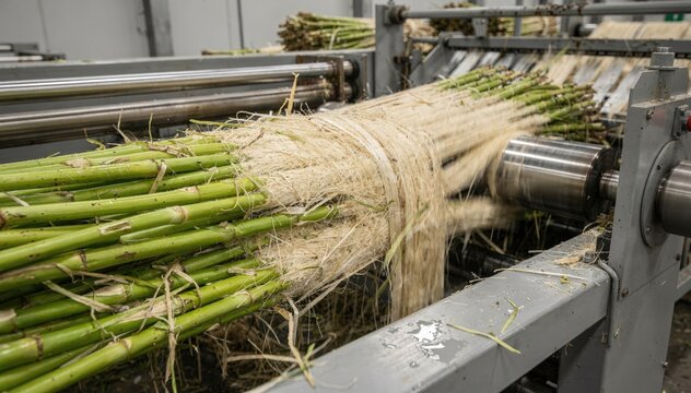 Medium shot of vibrant green kenaf stems undergoing industrial decortication separating fresh bast fibers from core for sustainable textile production.