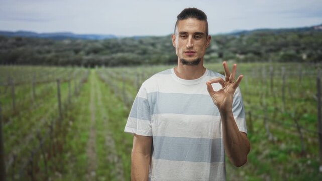 Man in striped t shirt makes ok sign with right hand showing bare hand and ring among vineyard rows in forest setting with distant hills; approval calm.