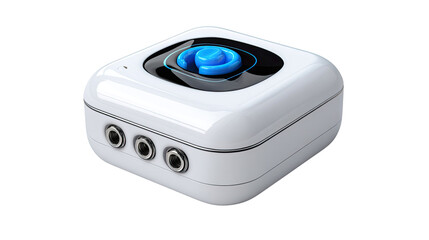 Fototapeta premium Modern Tech Gadget: A sleek, modern technological gadget, featuring a minimalist design with a prominent blue button and multiple input ports, embodying innovation and functionality.