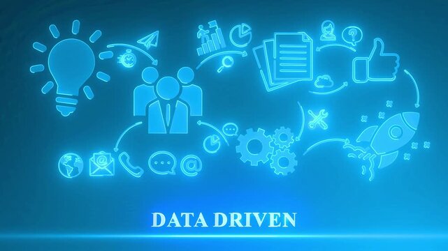 Neon blue infographic diagram illustrating a data driven concept with icons and text process business