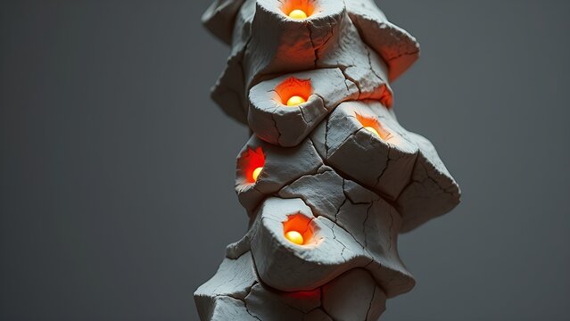 foremost. A sculptural representation of a human spine made of cracked stone with five points of intense pressure glowing warmly. wellbeing guides.