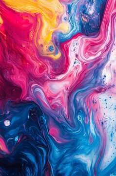 Vibrant abstract fluid artwith red, pink, and blue mrble textures and lens flae effect. Expressive liqui paint illustration with oganic flow, ideal for backrounds, posters, digital at projects