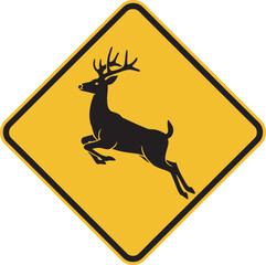 Yellow diamond shaped road sign with deer crossing