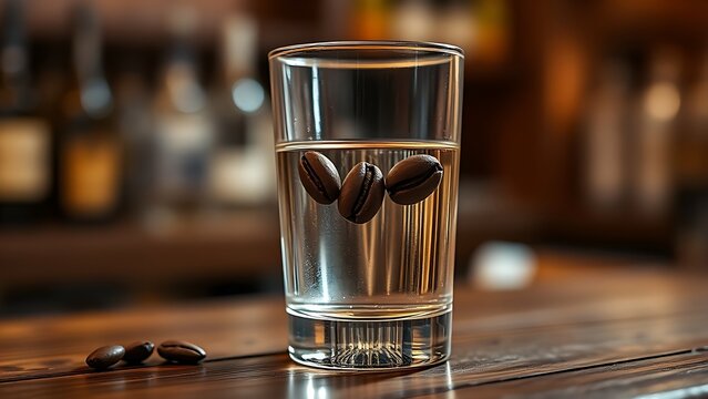 sambuca. Three coffee beans floating in sambuca on a rustic wooden bar. bar promotions, beverage menus, designed for product packaging and bar promotions, used by e-commerce operators.