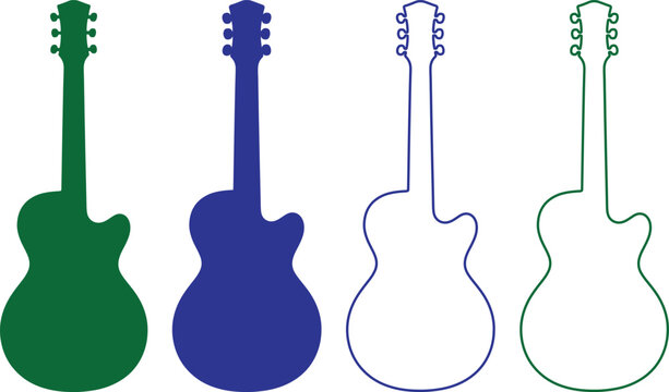 Set of four guitar silhouette designs in various colors and styles for musicrelated projects