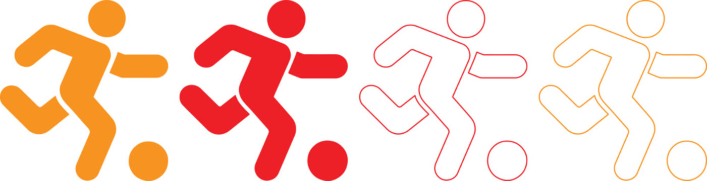 Simple stick figure people playing soccer or football in various orange and red colors