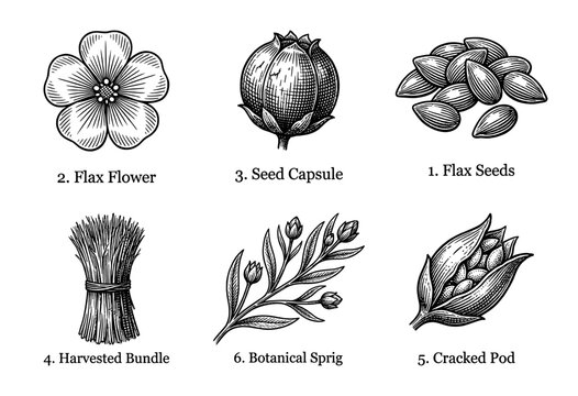 Vintage botanical engraving of flax plant elements including flower, seed capsule, harvested bundle, and botanical sprig in a woodcut line art style.