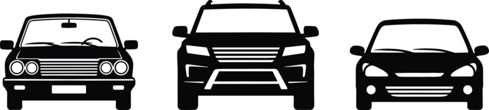 Car front view silhouettes vector set with sedan and suv vehicle icons isolated on white background