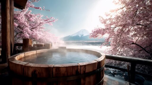 Geothermal hot springs resort, spa, bath pool, winter relaxation vacation theme. A tranquil scene of a wooden hot tub surrounded by cherry blossoms, with a majestic Mount Fuji in the background.