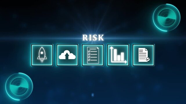 Glowing neon line a risk concept button on a visual display. Hi tech motion graphic background.4k video