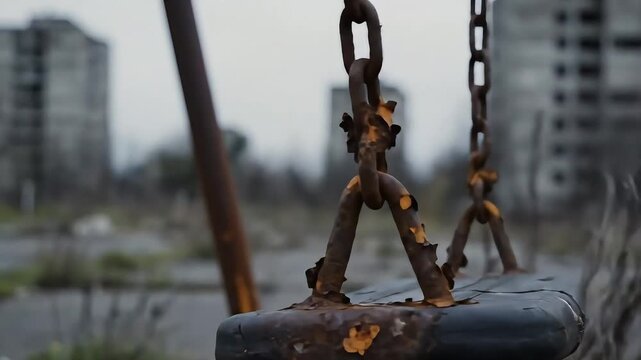 Abandoned Swing in Urban Landscape.