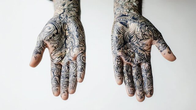 Hands with intricate henna designs.