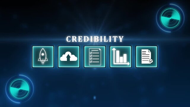 Glowing neon line banner of credibility concept with spirit, challenge, thinking, goals, idea, problem solving, performance and success icons on transparent background. 4k