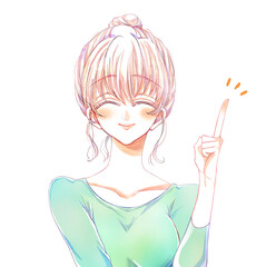 人差し指をさすお団子頭の女性　にっこり