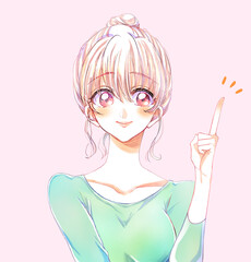 人差し指をさすお団子頭の女性