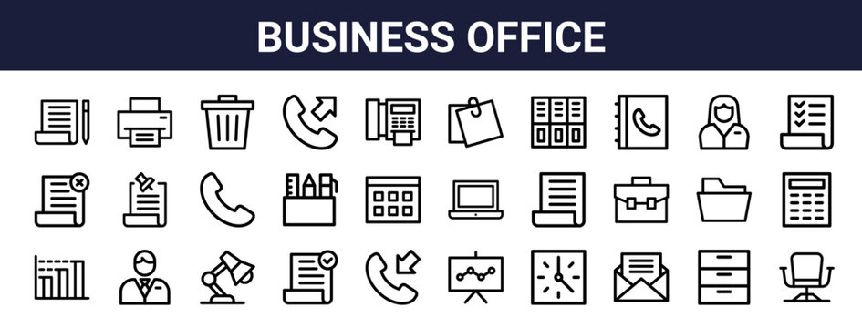 Set of 30 thin line business office icons including contract, file, folder, call, check, calendar, laptop, printer, desk lamp. Outline vector illustration
