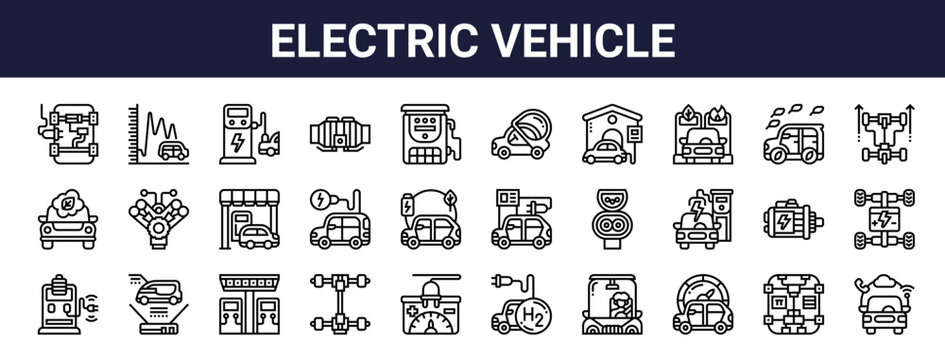 Set of 30 thin line electric vehicle icons including battery, charging, drivetrain, motor, catalytic converter. Outline vector illustration for automotive technology web design