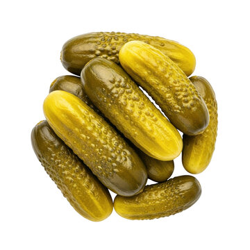 A close up of a pile of gherkins displaying varying shades of green and yellow on transparent background
