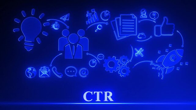 Neon CTR Business Concept Flowchart with Icons and Rocket Launch on Dark Blue Background click-through rate