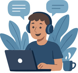 A flat illustration of a young man wearing headphones and sitting in front of a laptop. He is smiling and appears to be engaged in a conversation or work.
