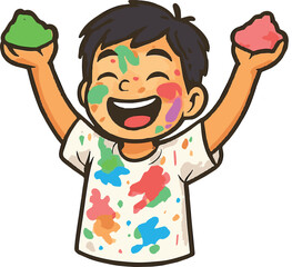 A joyful young boy with black hair, his face smeared with vibrant colors of green, blue, pink, and yellow powder. He is wearing a white t-shirt splattered with the same colorful powders