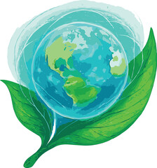 A vibrant, stylized green leaf cradles a translucent, glowing orb that resembles planet Earth. The Earth is detailed with continents and swirling clouds, illuminated from within with a soft blue 
