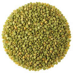A tightly packed circular arrangement of green and yellow split peas isolated on transparent background