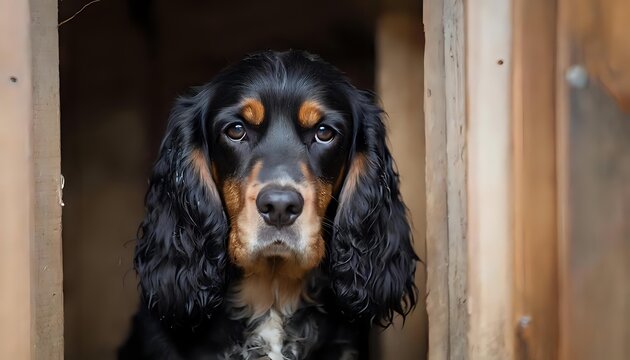 A sad dog poses in his kennel for the camera.