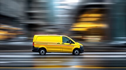 Obraz premium Yellow delivery van in motion against blurry city background