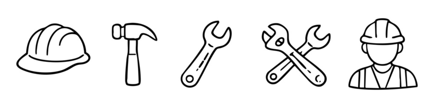 Hand-drawn construction and tool icon set featuring a hard hat, hammer, wrenches, and a worker. Simple black line art for DIY and industrial themes.