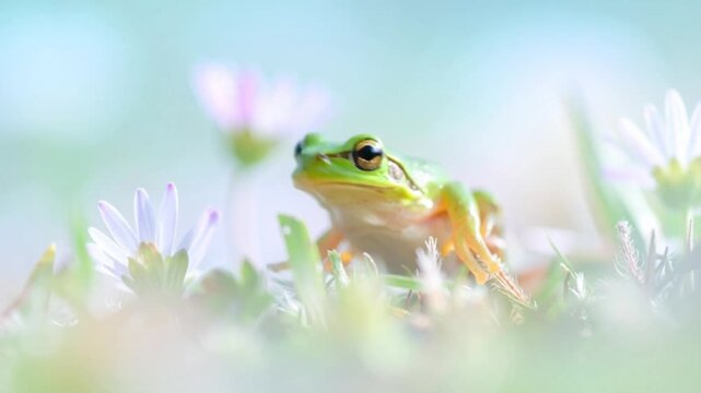 Baby-Frosch im hellen Bl&uuml;tennebel
