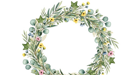 Floral Wreath in Watercolor Style with Soft Pastel Colors on White Background for Wedding Invitation