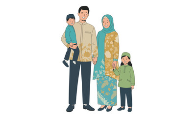 Muslim Family in Traditional Batik Attire for Eid al-Fitr Celebration